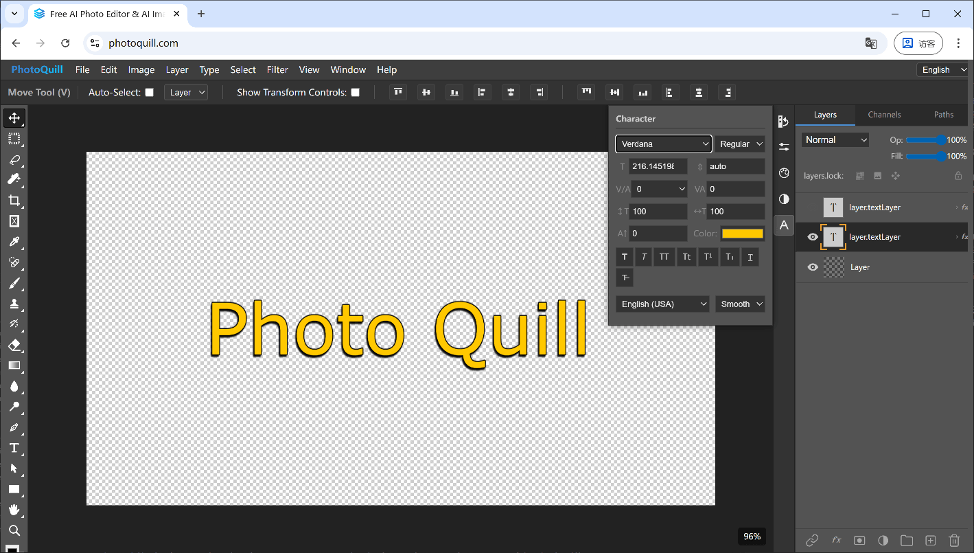 PhotoQuill free AI photo editor interface showing PSD layer editing, blending modes, and AI image tools in a browser