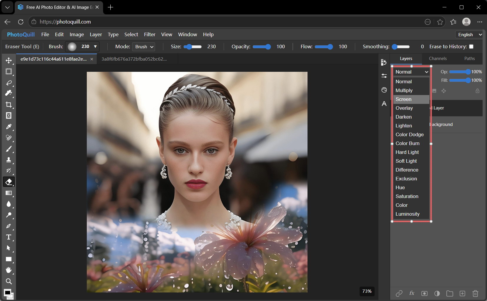 A robust browser-based photo editor like Photoshop rendering layers seamlessly