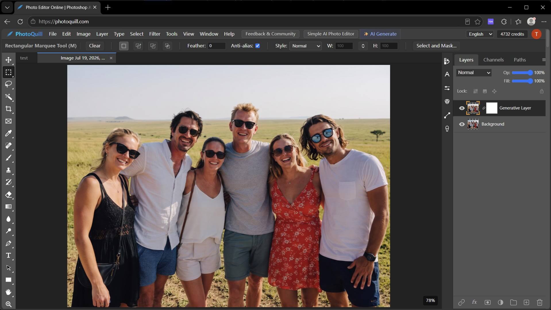 AI replacing background in PhotoQuill interface with a sunny sky prompt