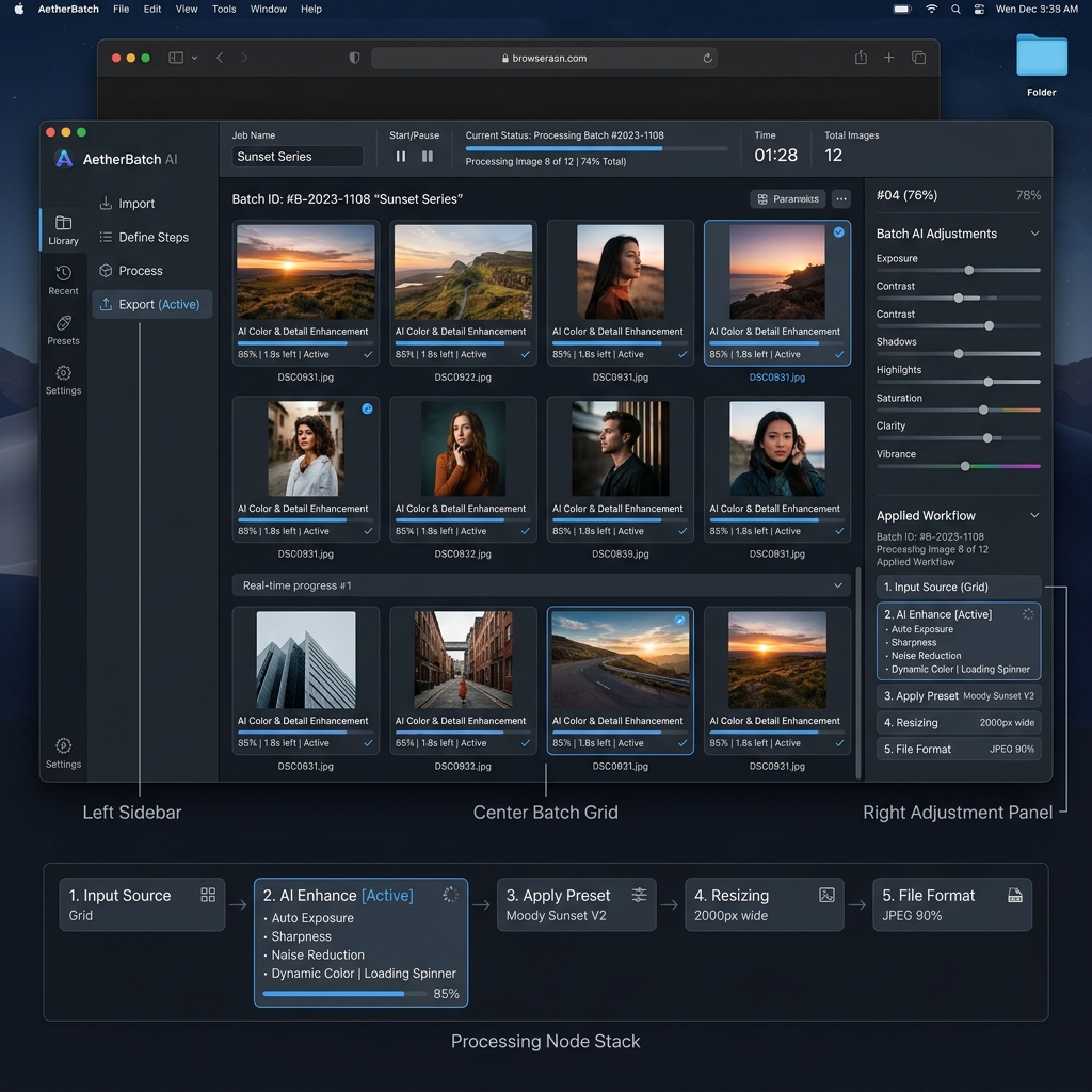 Batch processing photo editor UI displaying multiple image thumbnails and AI enhancement nodes