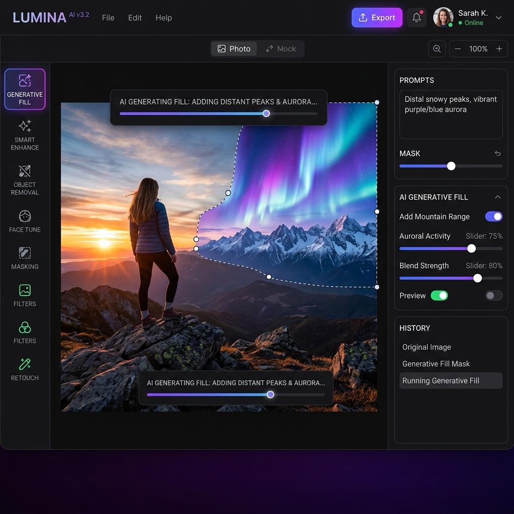 State-of-the-art AI photo editor user interface featuring glowing AI accent colors and smart tools