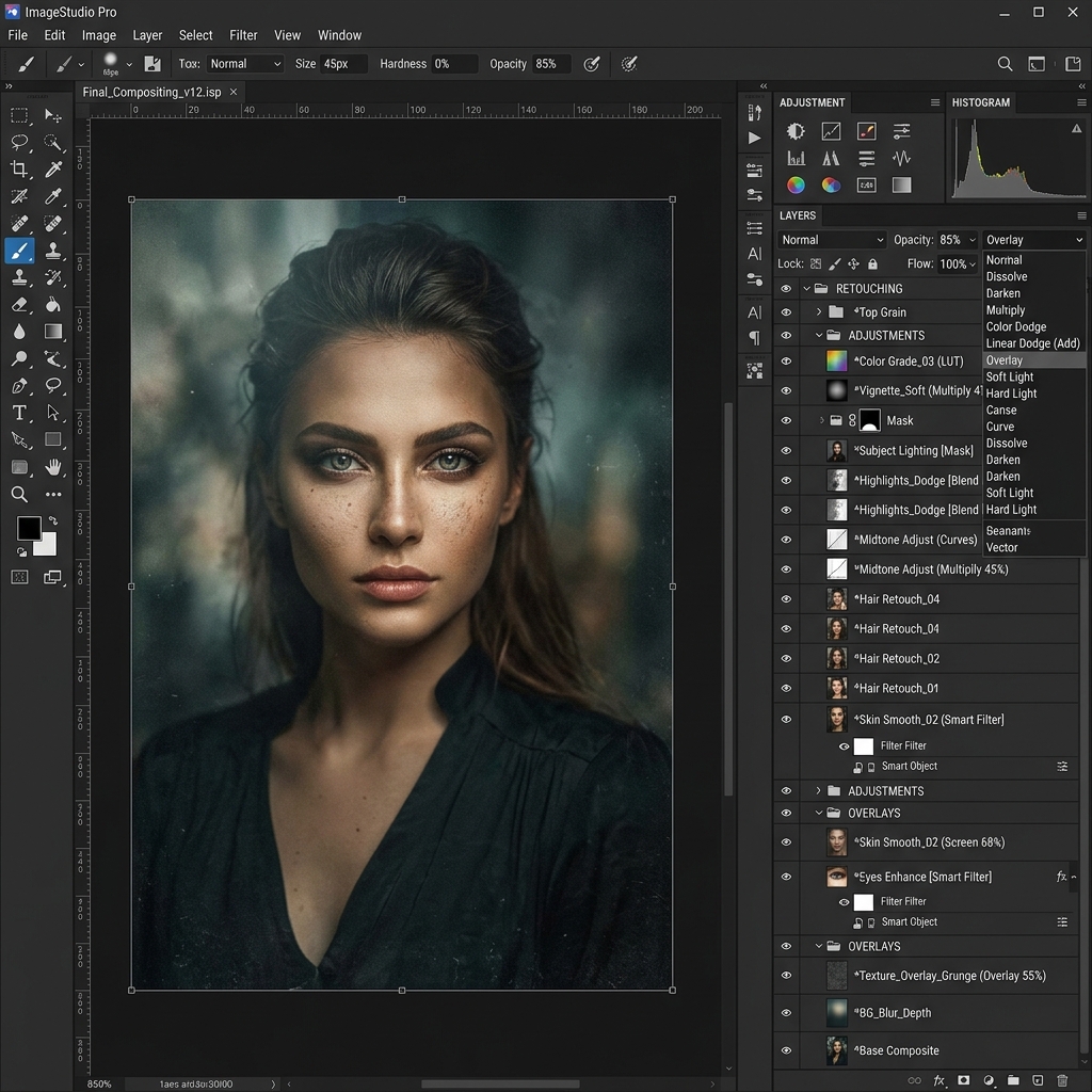 Layer-based photo editing workspace UI showing complex blending modes and tools