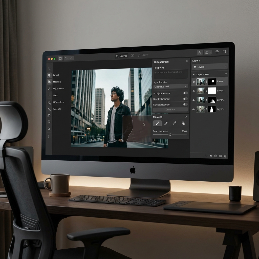 Professional high-end AI photo editor interface with advanced layer masks and AI generation tools