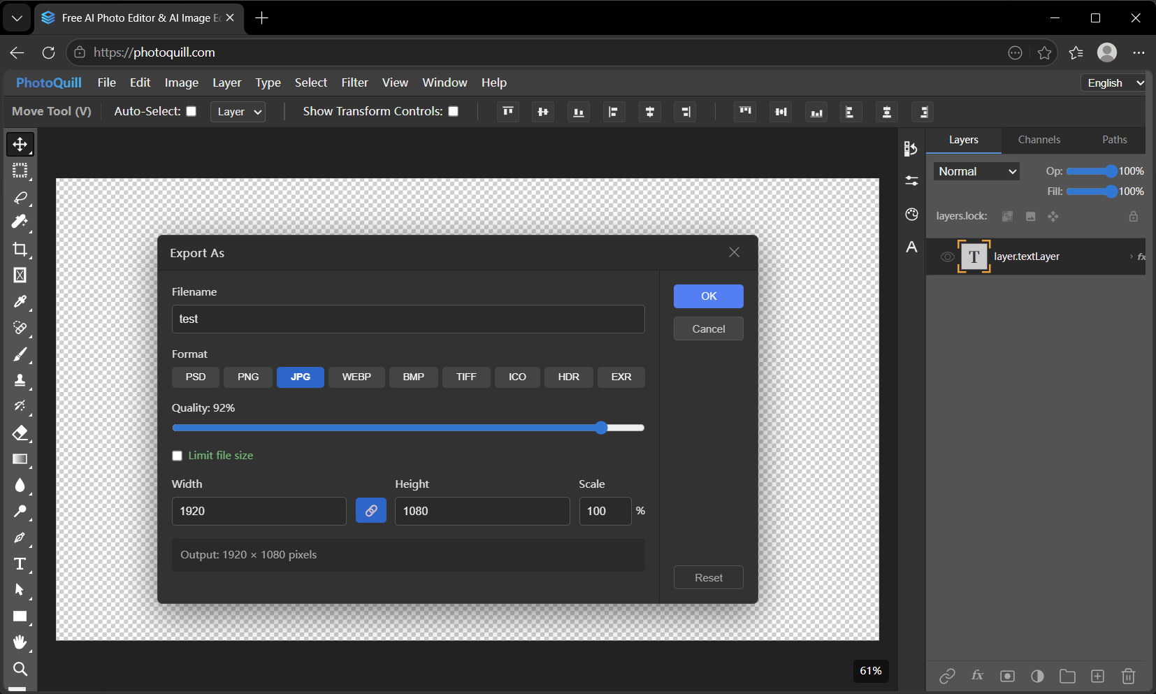 Export options in PhotoQuill, a free browser alternative to a Gimp online editor
