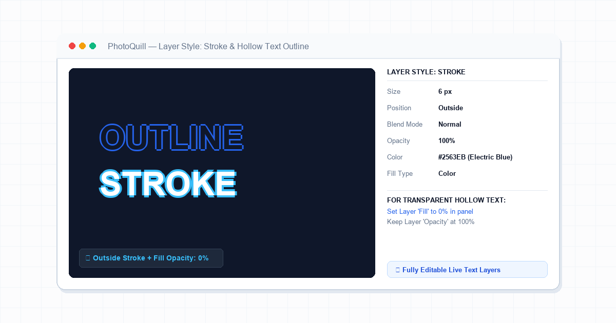 How to outline text in Photoshop showing stroke dialog and hollow text settings
