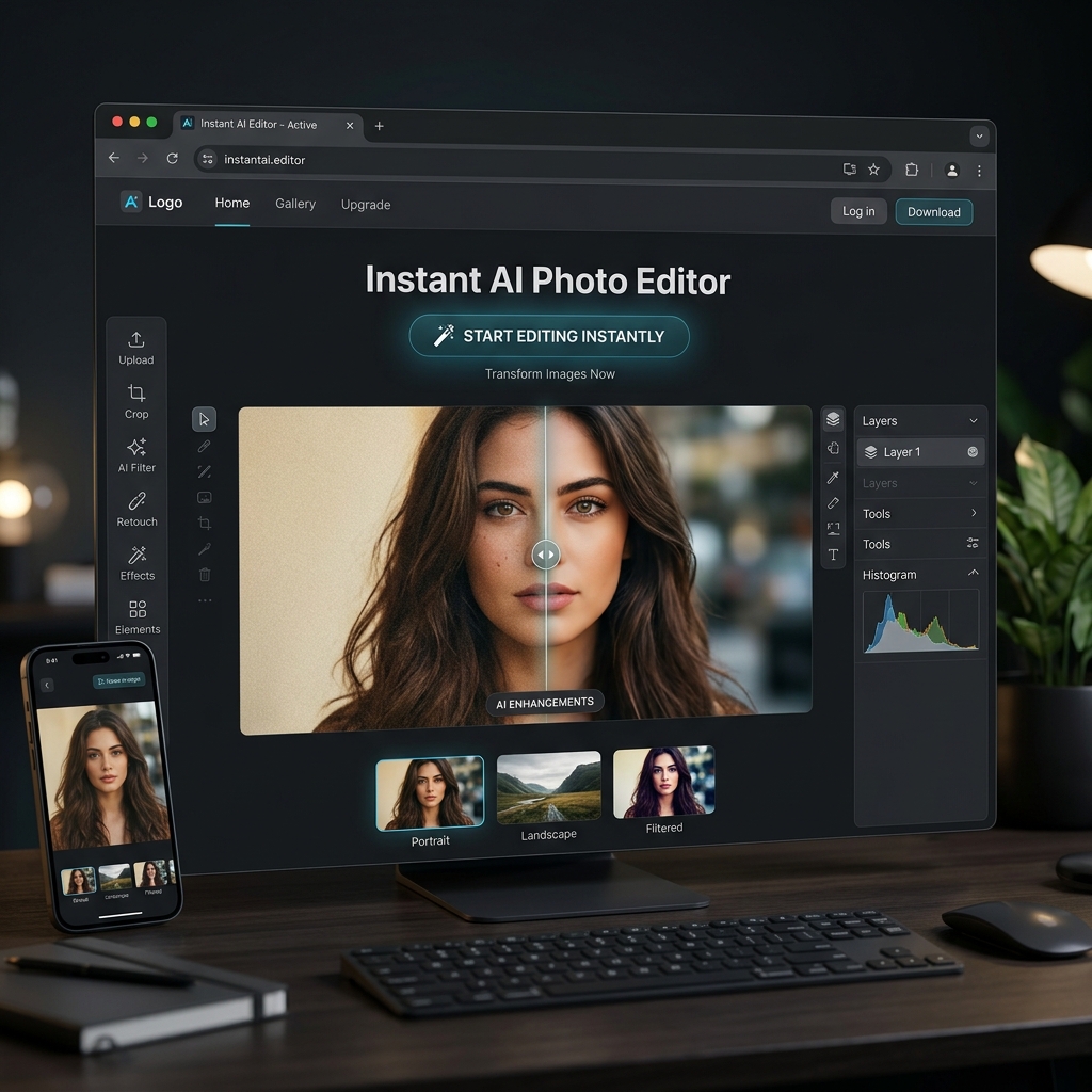 A sleek, modern AI photo editor running directly in a web browser without any login prompts