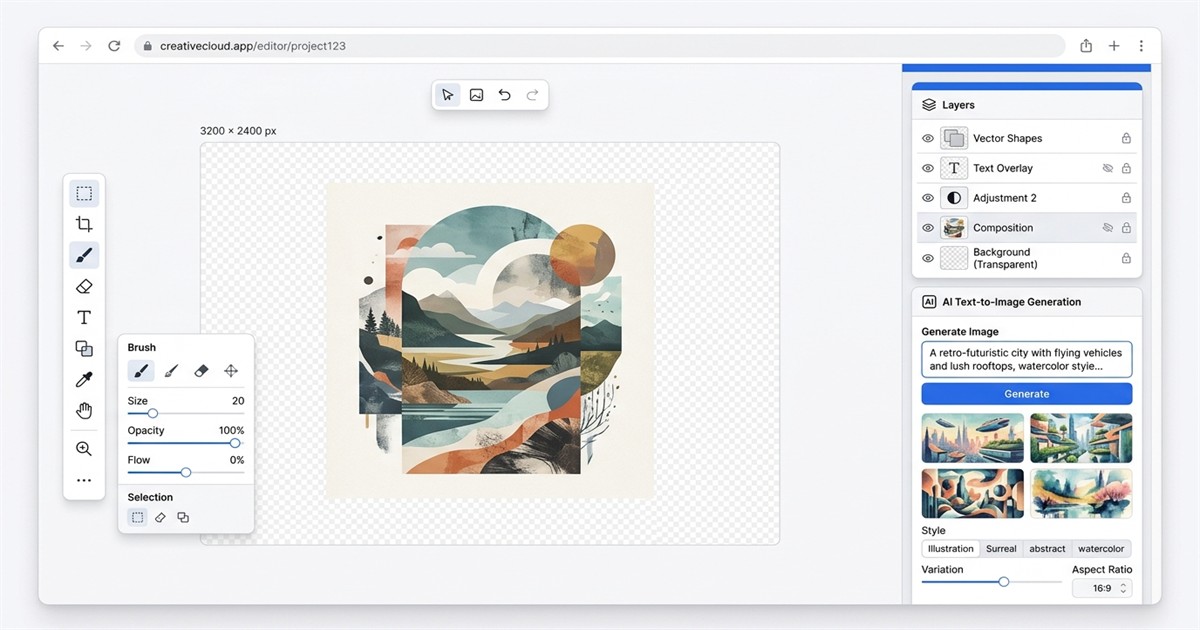 PhotoCraft alternative online photo editor interface with AI image generation and layer controls