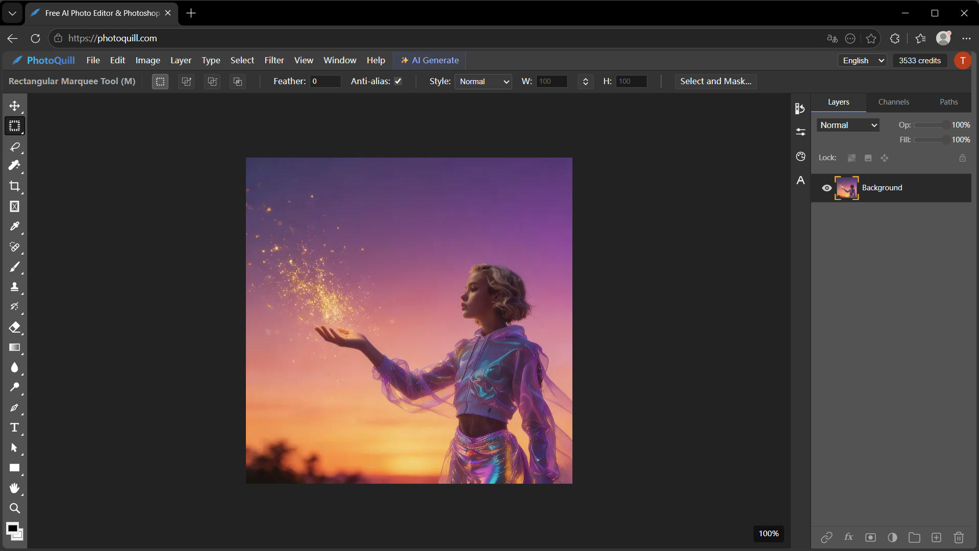 PhotoQuill browser editor workspace shown as a Photopea no ads alternative with a full-width canvas and no right-side ad sidebar
