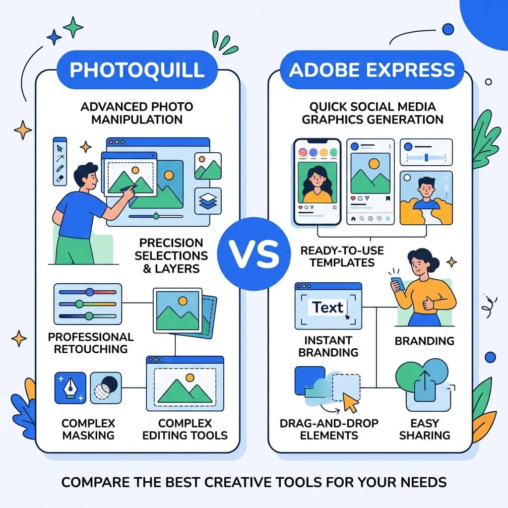Comparison between PhotoQuill no-login photo editing software and Adobe Express social design platform