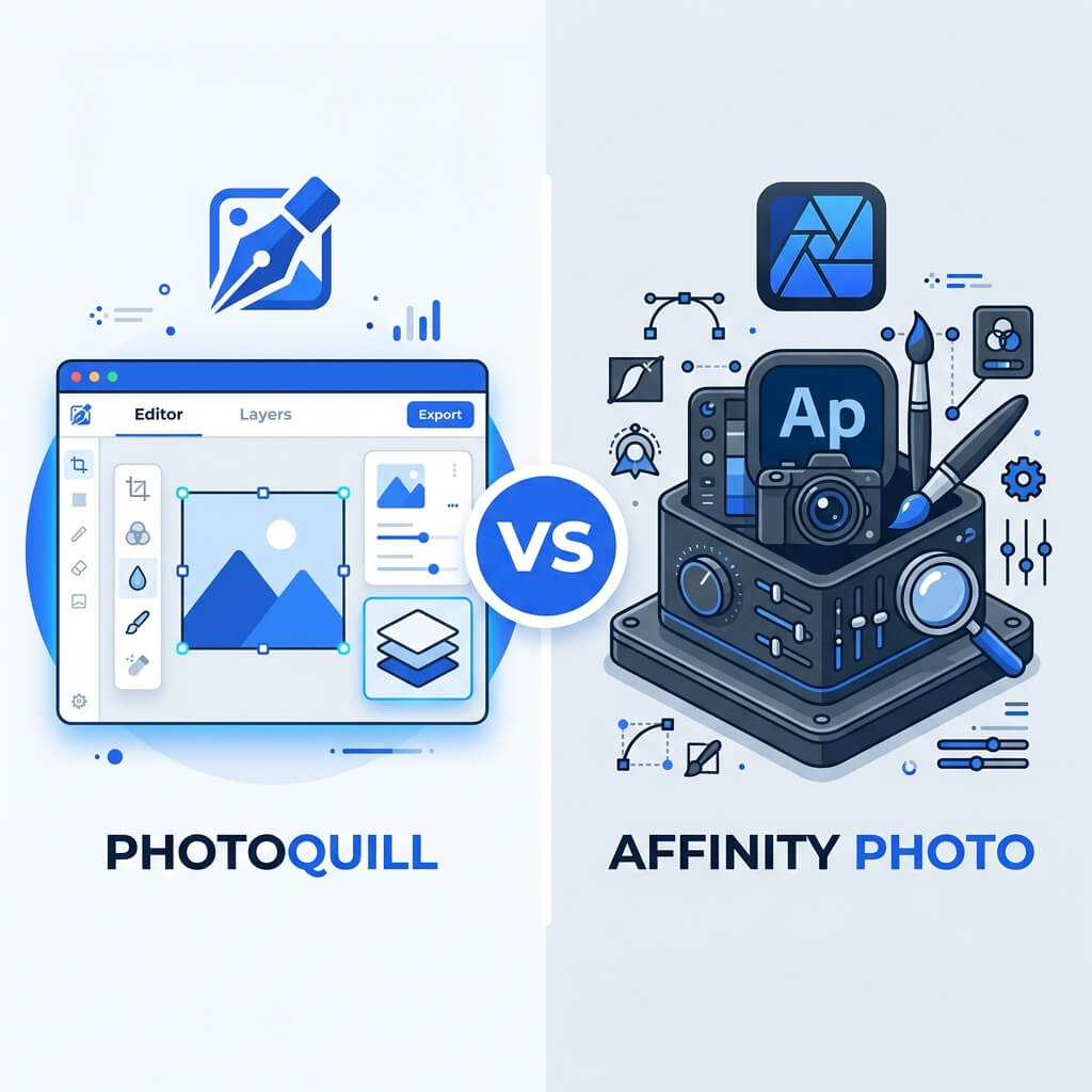 Side by side comparison of PhotoQuill and Affinity Photo 2 interfaces