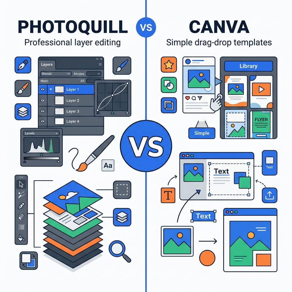 PhotoQuill pixel-level photo editing compared with Canva template design workflow