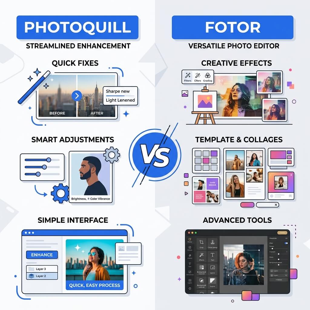 PhotoQuill professional layer-based editing compared with Fotor one-click AI filter approach