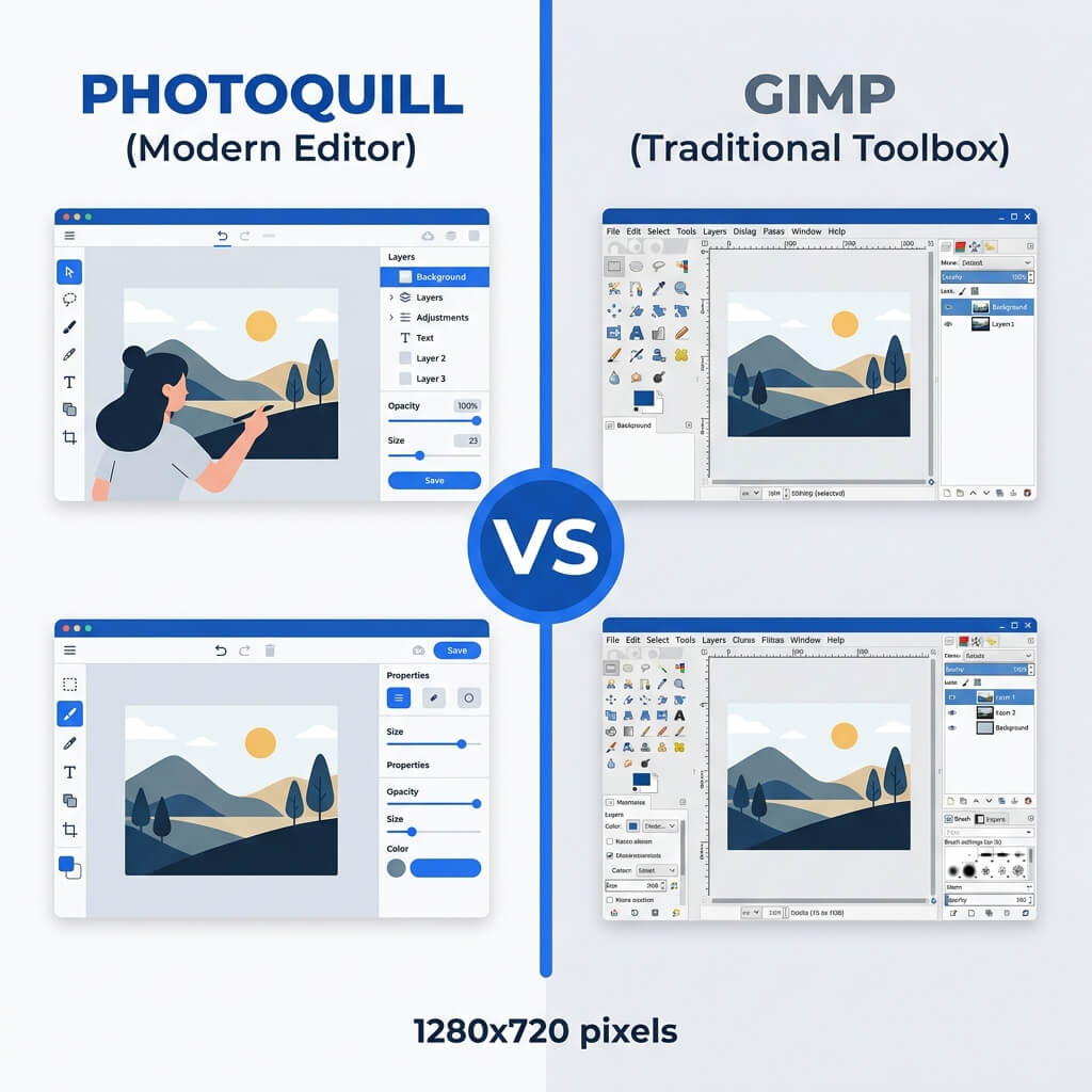 Side-by-side comparison of PhotoQuill web interface and GIMP desktop application