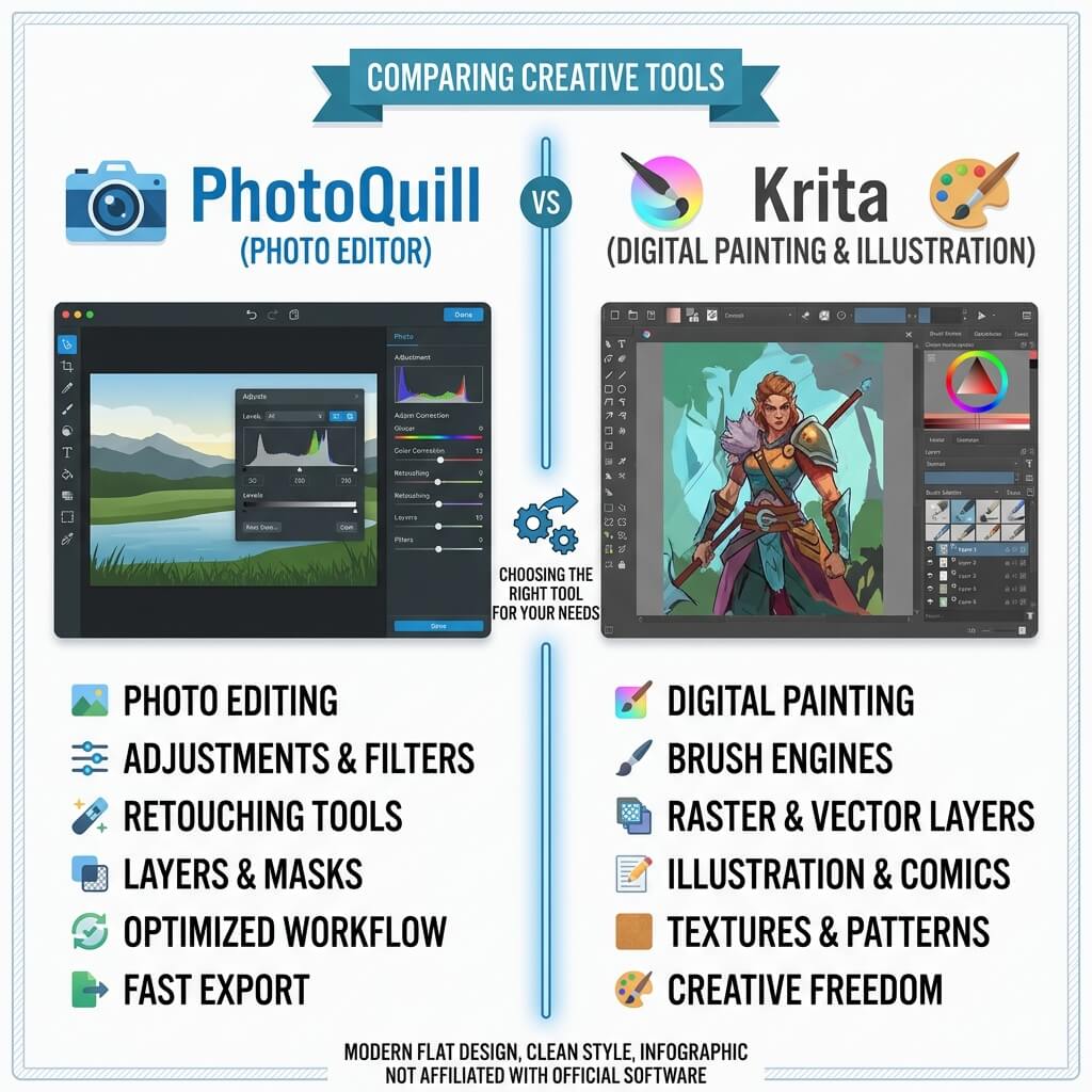 Comparison graphic showing PhotoQuill photo editing software versus Krita digital painting software