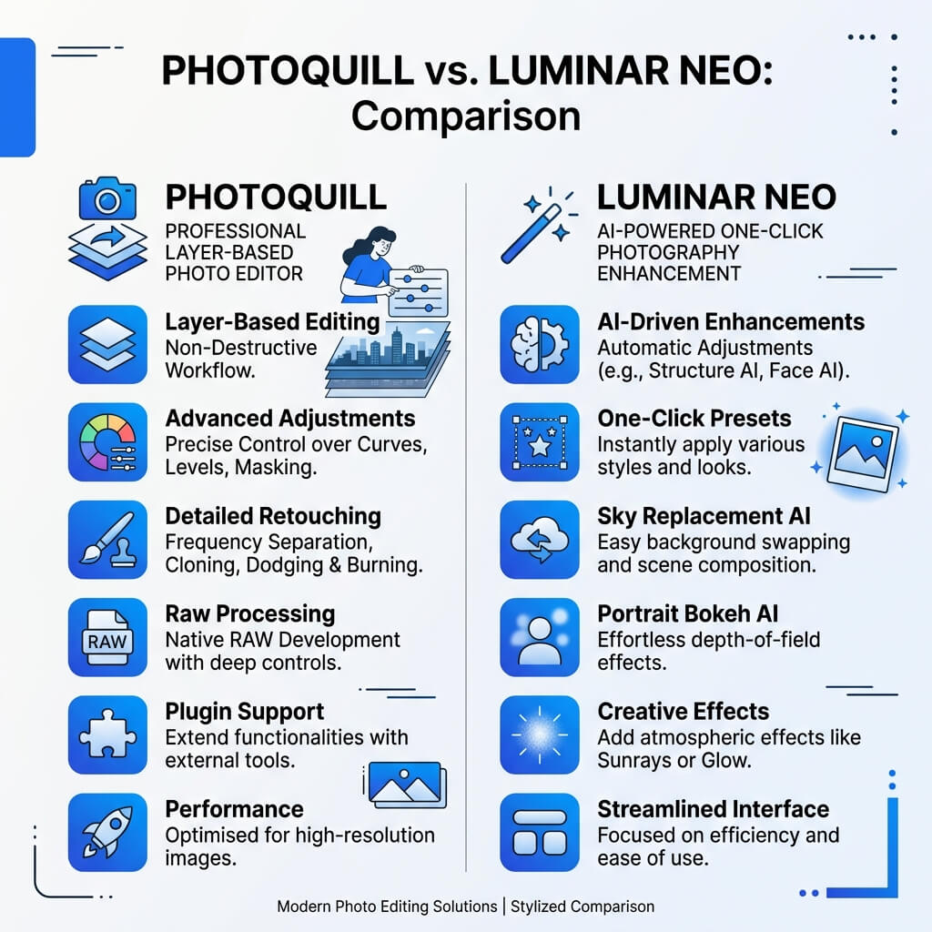 Comparison graphic showing PhotoQuill layer-based editor versus Luminar Neo AI photography enhancement