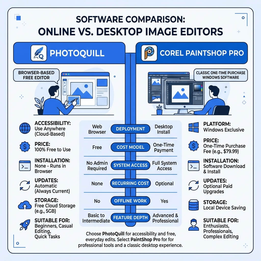 Comparison graphic showing PhotoQuill browser editor versus Corel PaintShop Pro desktop software