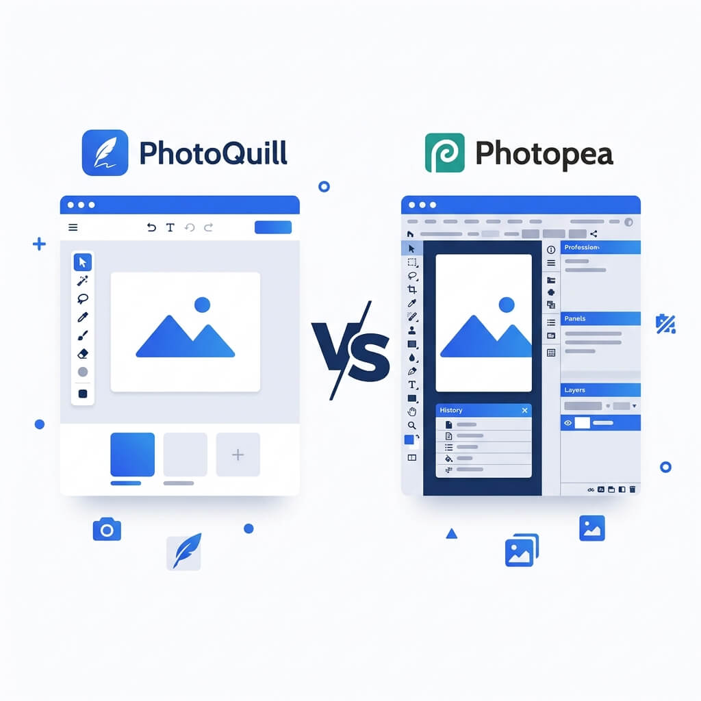 Side by side comparison of PhotoQuill and Photopea browser-based photo editing softwares