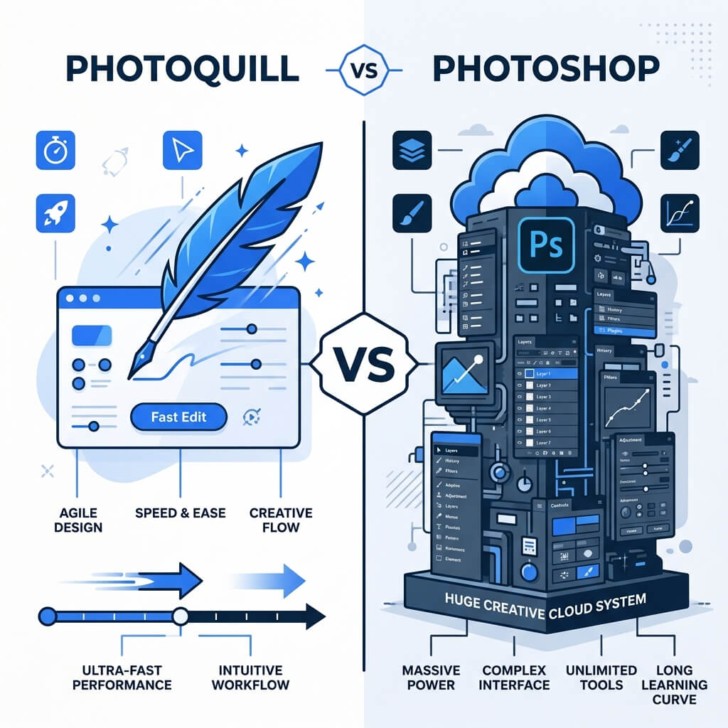 Technical comparison between PhotoQuill browser editor and Adobe Photoshop desktop software