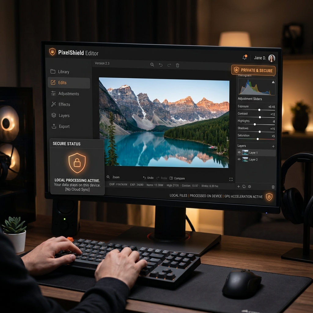 A secure, local-first AI photo editor interface protecting user privacy without server uploads