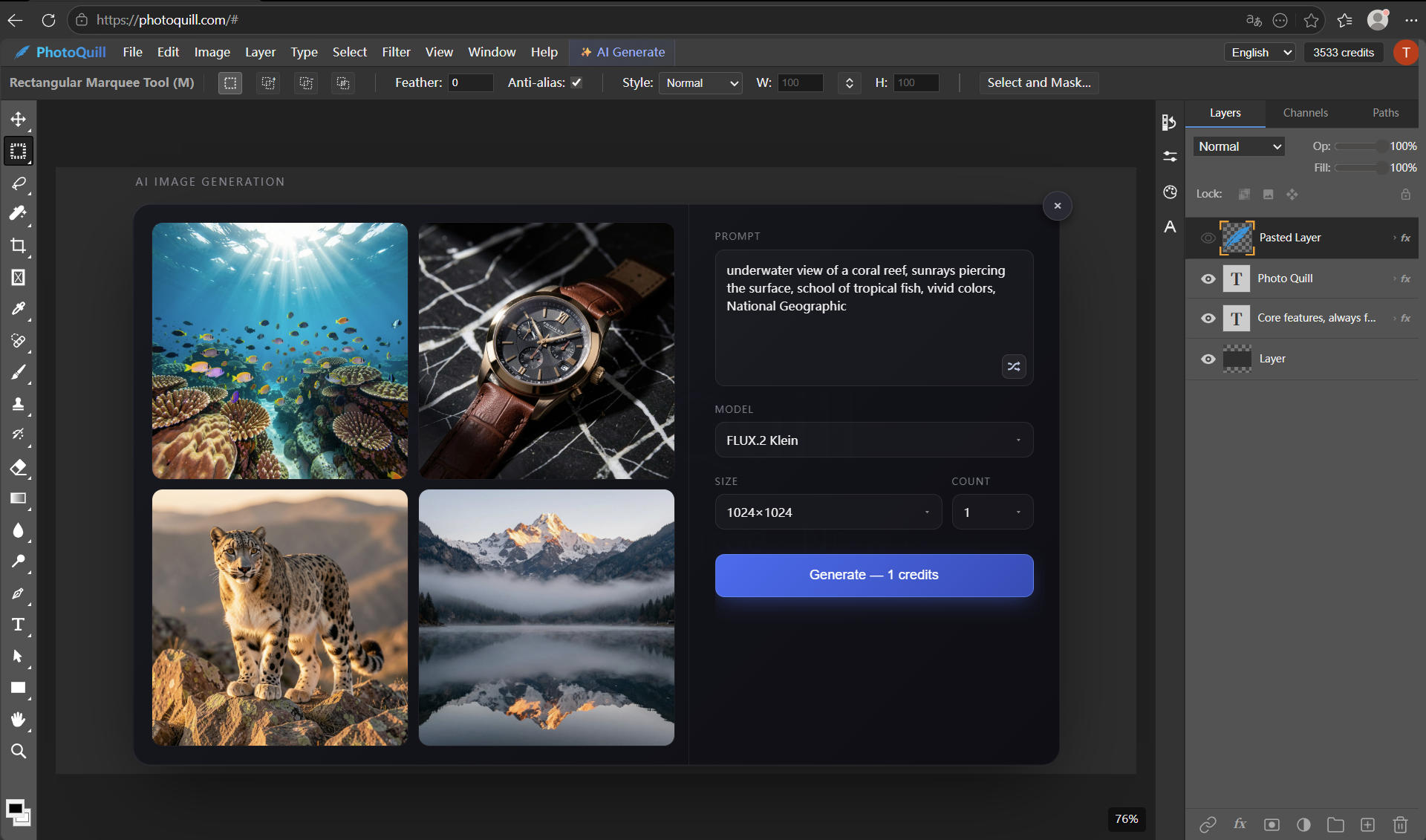 AI Image Generation Interface in PhotoQuill Web Editor